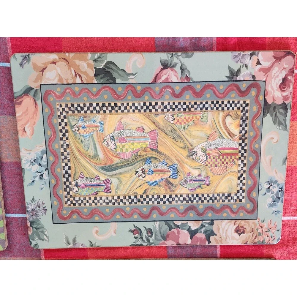 Set of 5 Mackenzie Childs Cork Placemats 3 Courtly Check Fish 2 Roses Floral